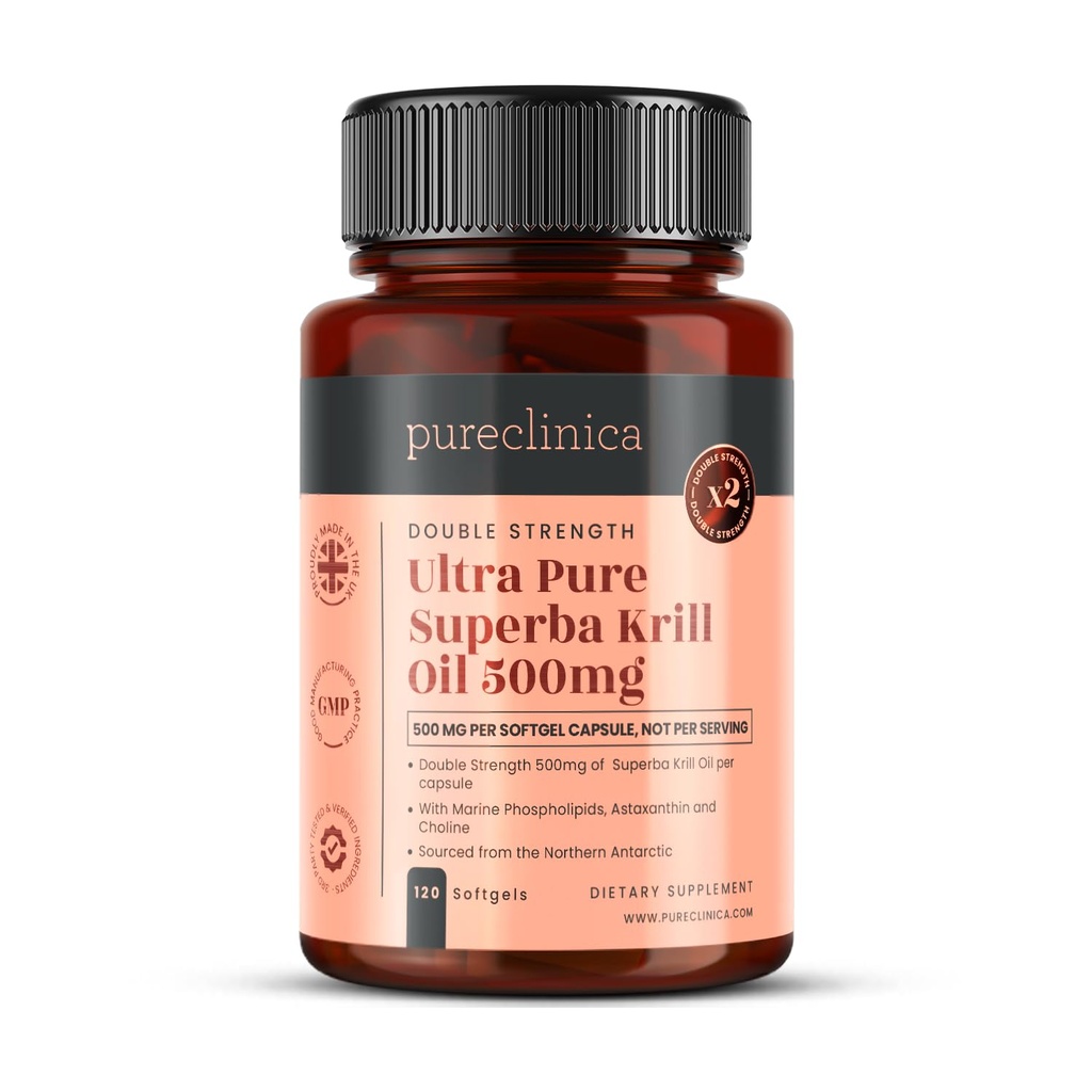 Ultra Pure Superba Krill Oil 500mg x 120 Κάψουλες - Πηγάζει στα Αμόλυντα Ύδατα της Ανταρκτικής Παρέχει μια πλούσια προσφορά Ασταξανθίνης, Ωμέγα 3 και βιταμίνη D