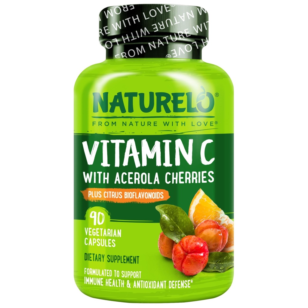 NATURELO Βιταμίνη C με Βιολογικό εκχύλισμα Acerola Cherry και Citrus Bioflavonoids - Συμπλήρωμα Vegan - Ανοσολογική Υποστήριξη - 500 mg VIT C ανά καπάκι - Μη ΓΤΟ - 90 Κάψουλες