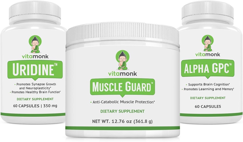 VitaMonk Μυϊκή Φρουρά & Alpha GPC Στοίβα Uridine Bundle, HMB, EAAs, Βιταμίνη D, Μαγνήσιο & Εγκεφαλική Υποστήριξη για Εστίαση, Καθαρότητα και Ανάπτυξη των Μυών