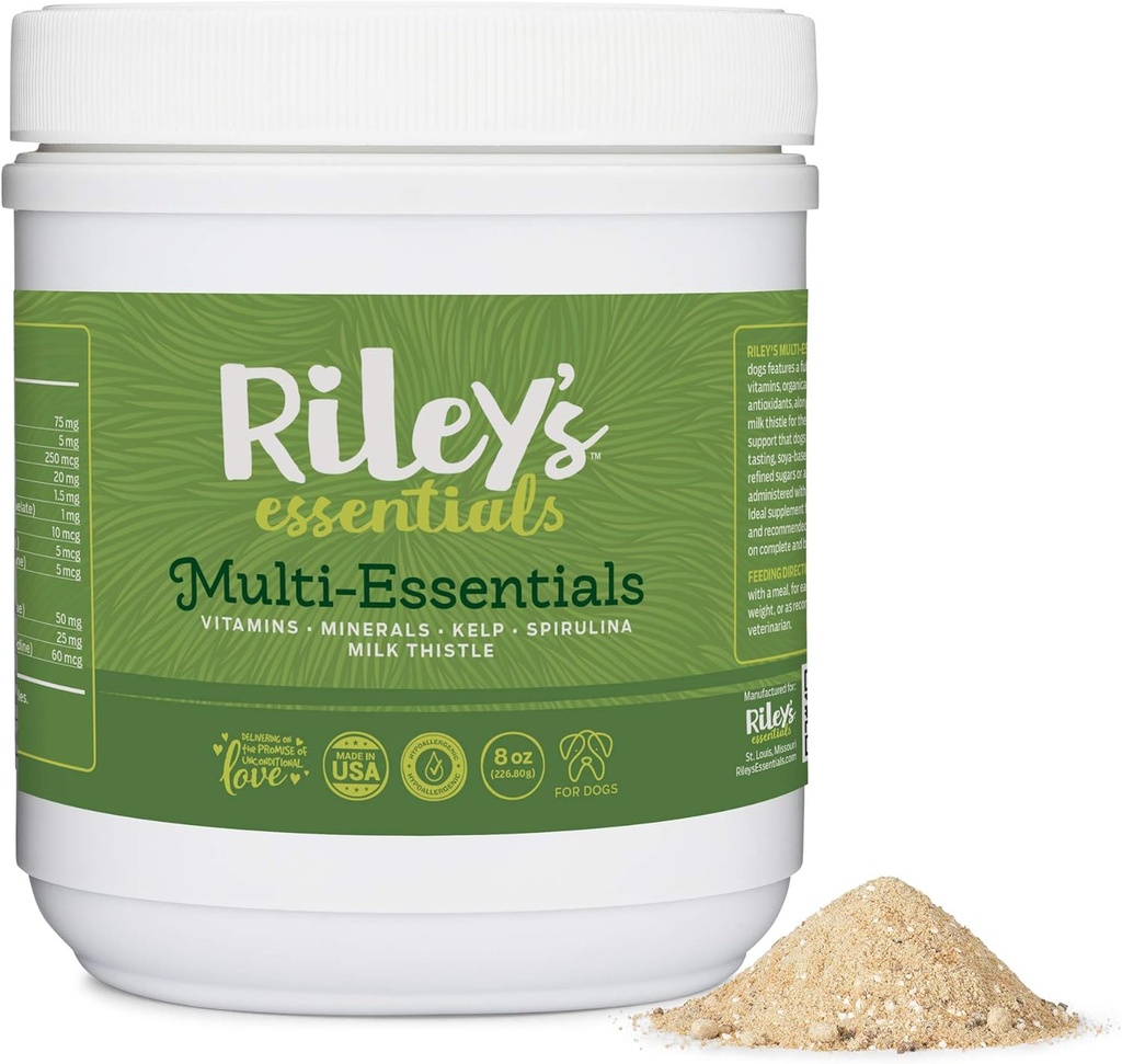 Riley's Multi-Essentials Multivitamin for Dogs - Vitamins, Minerals, Spirulina, Kelp, and Milk Thistle for Nutritional Support - Puppy and Senior Dog Vitamins - 8oz Powder