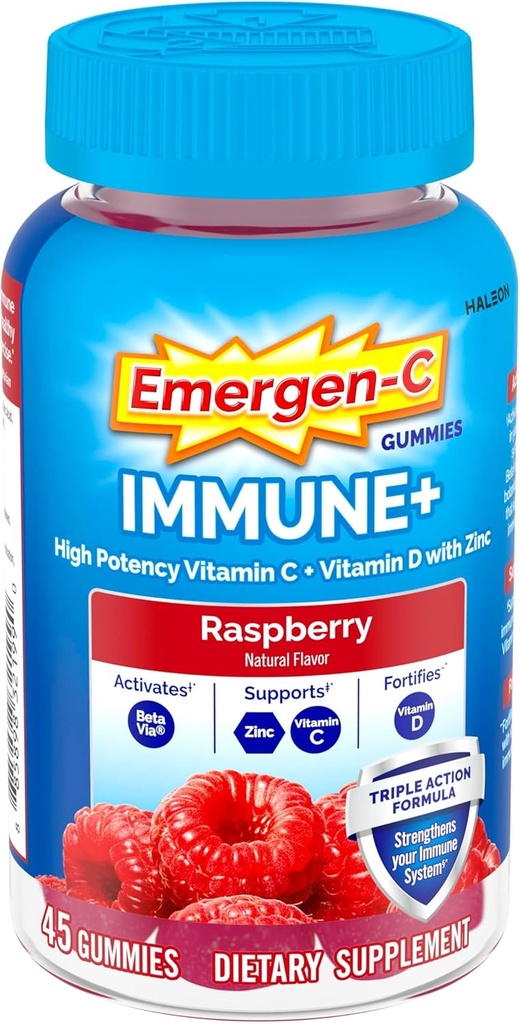 Emergen-C Immune+ Triple Action Immune Support Gummies, BetaVia (R), 1000mg Βιταμίνη C, Β Βιταμίνες, Βιταμίνη D και Αντιοξειδωτικά, Βατόμουρο, Back to School Essentials – 45 Count
