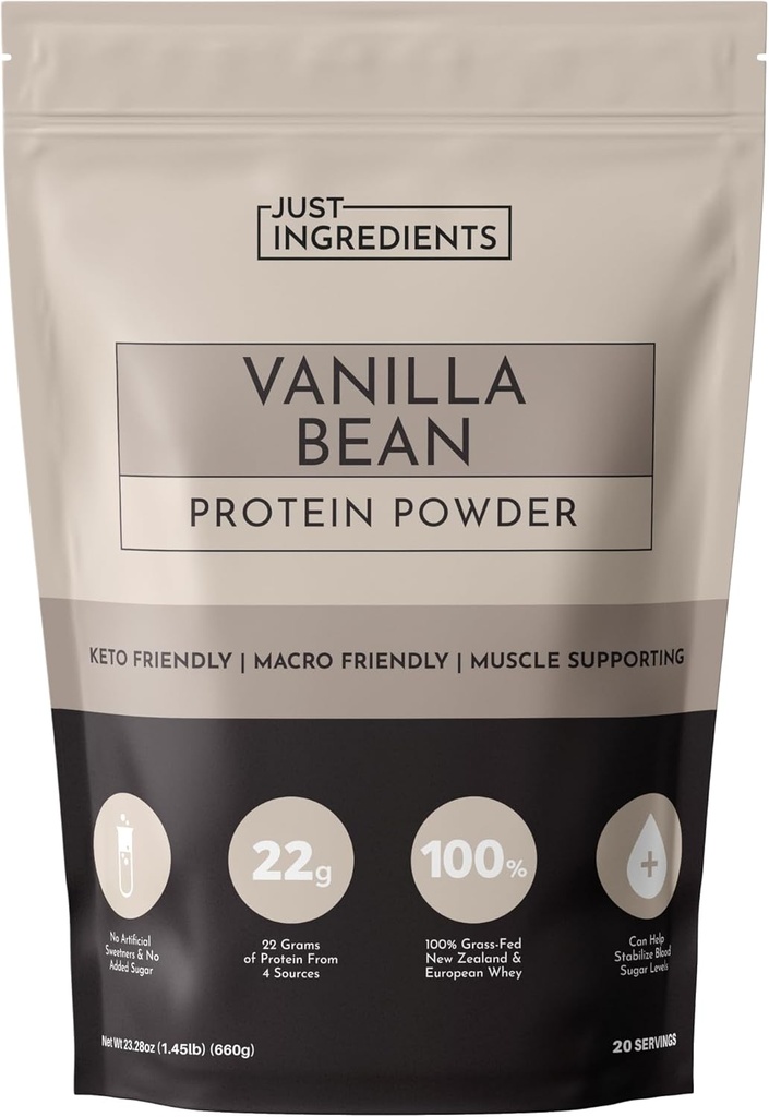 Just INGREDIENTS Vanilla Bean Protein Powder – 20-Serving ανάμειξη με 100% Grass-Fed Whey & Organic Plant Proteins – Real Vanilla Bean & Cinnamon – Υποστηρίζει την αποκατάσταση των μυών, ενέργεια*