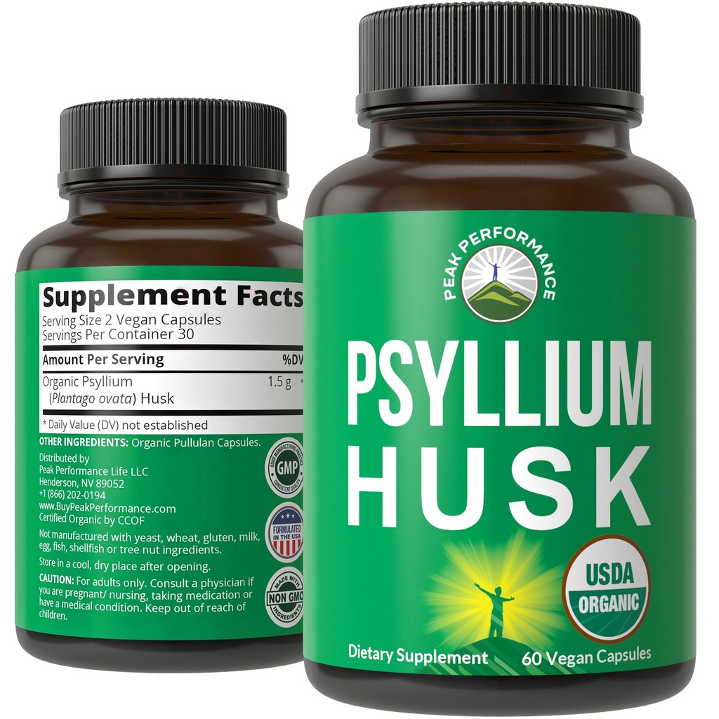Peak Performance USDA Organic Psyllium Husk Vegan Capsules Made with Seed - Fiber Supplement for Gut - Digestive Prebiotics - for Digestion and Roughage Without Bloating - Vegan, Gluten-Free Pills
