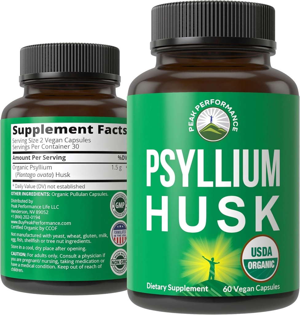 USDA Organic Psyllium Husk Vegan Capsules Made with Organic Psyllium Husk Seed. Fiber Supplement for Gut. Digestive Prebiotics. Pills for Digestion, Roughage Without Bloating. Tablets