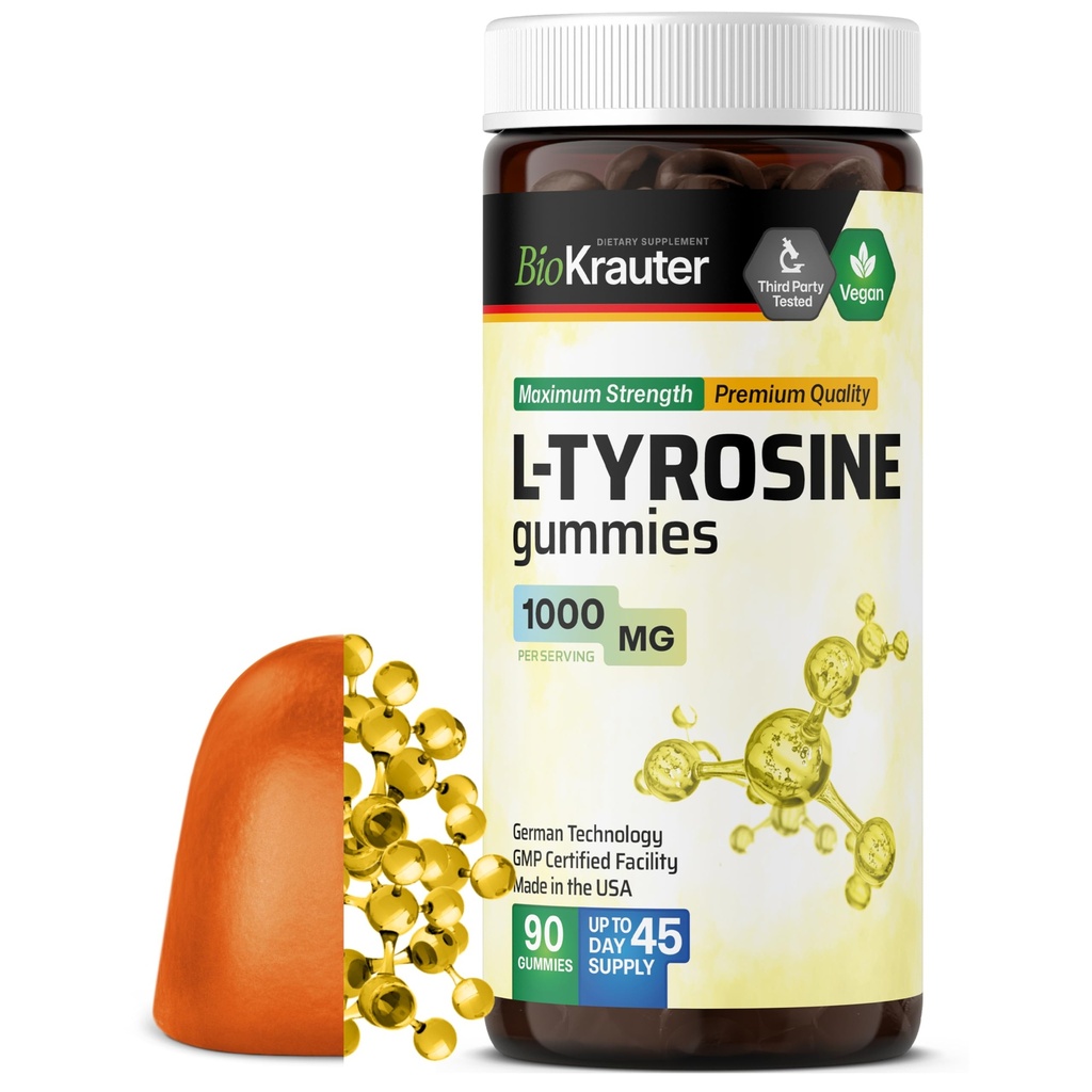 BIO KRAUTER L Tyrosine συμπλήρωμα Gummies - 1000 mg Δύναμη - 90 Vegan Chews - Mood και Γνωστική Υποστήριξη - L-Tyrosine Gummies - Pectin Based Formula