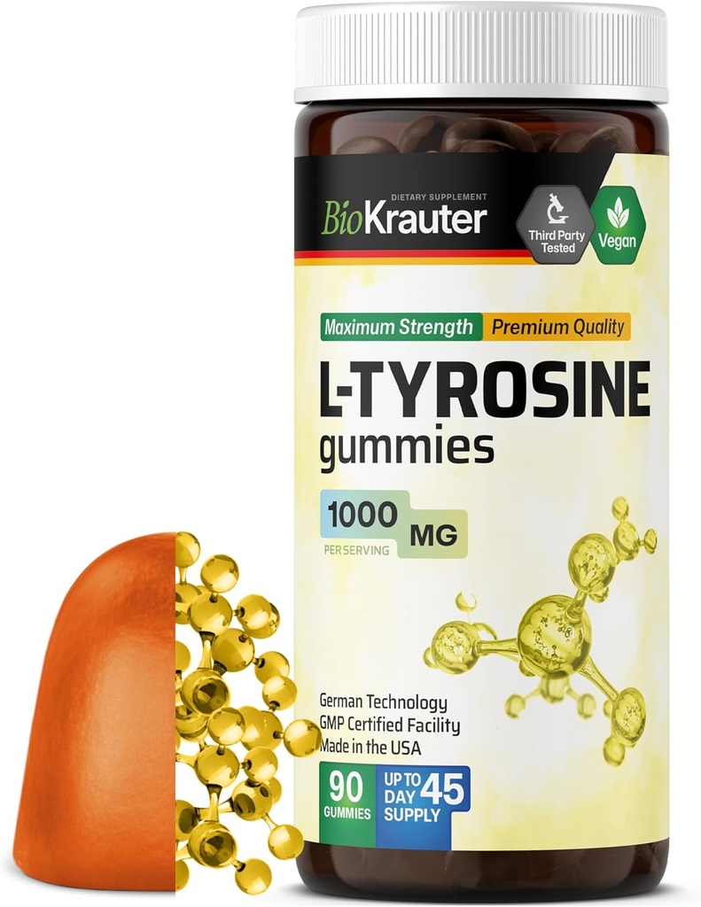 BIO KRAUTER L Tyrosine συμπλήρωμα Gummies - 1000 mg Δύναμη - 90 Vegan Chews - Mood και Γνωστική Υποστήριξη - L-Tyrosine Gummies - Pectin Based Formula