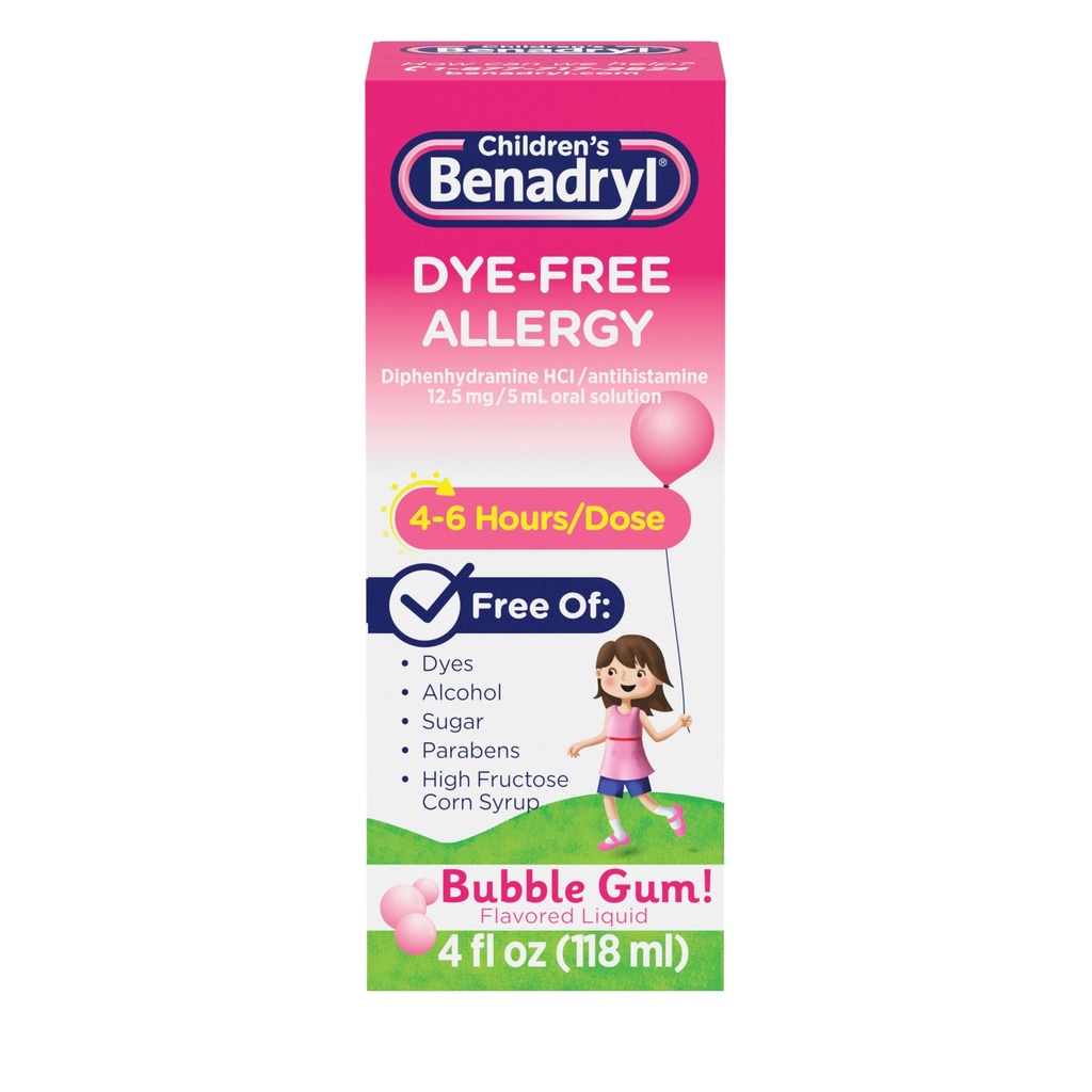 Παιδική Benadryl Dye-Free Αλλεργία Ανακούφιση Υγρό + 12, 5 mg Διφαινυδραμίνη HCl, Αντιισταμινική Αλλεργία Ιατρική για τα παιδιά Βοηθά στην ανακούφιση Runny Μύτη & Φτάρνισμα, Bubble Gum Flavor, 4 fl. oz