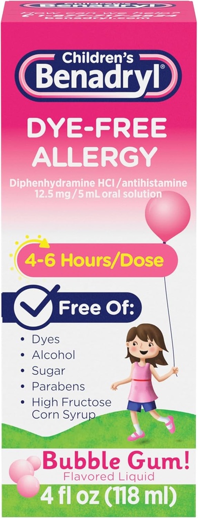 Παιδική Benadryl Dye-Free Αλλεργία Ανακούφιση Υγρό + 12, 5 mg Διφαινυδραμίνη HCl, Αντιισταμινική Αλλεργία Ιατρική για τα παιδιά Βοηθά στην ανακούφιση Runny Μύτη & Φτάρνισμα, Bubble Gum Flavor, 4 fl. oz