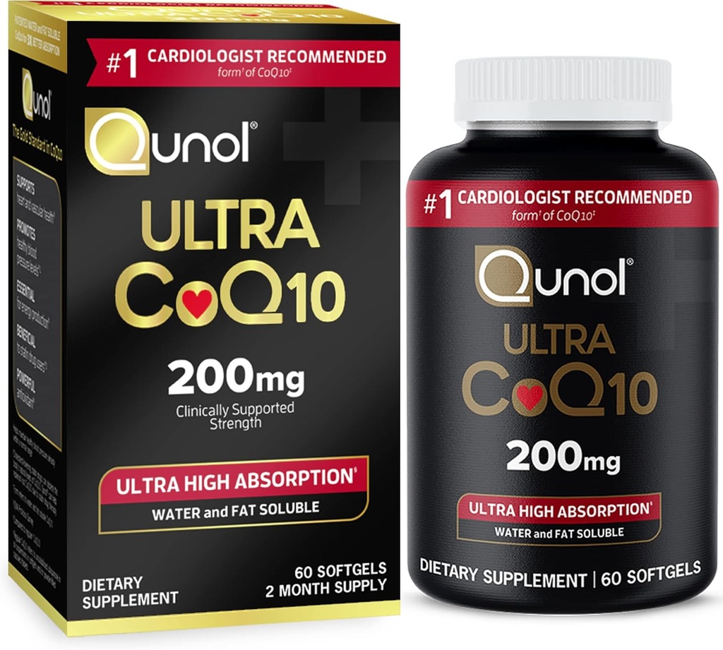 Qunol CoQ10 200mg Softgels, Ultra CoQ10 - Ultra Υψηλή Απορρόφηση Συνένζυμο Q10 Συμπληρώματα - Αντιοξειδωτικό συμπλήρωμα για την αγγειακή και καρδιακή υγεία & παραγωγή ενέργειας - 2 Μήνες προσφοράς - 60 Μέτρα