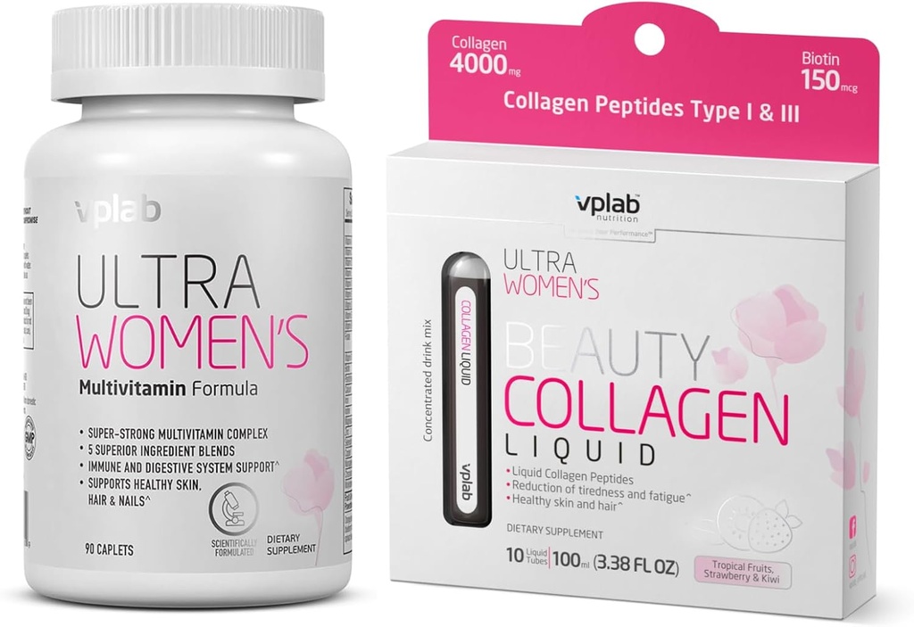 VPLab Women's Beauty Bundle - Πολυβιταμίνες Συλλέκτες & Υγρό Κολλαγόνο για τα μαλλιά, το δέρμα, τα νύχια - Βιοτίνη, σίδηρος, βιταμίνη Β, D, C & ψευδάργυρος - Απαραίτητη Ημερήσια Υποστήριξη Υγείας, 90 Caplets + 10 Σωλήνες