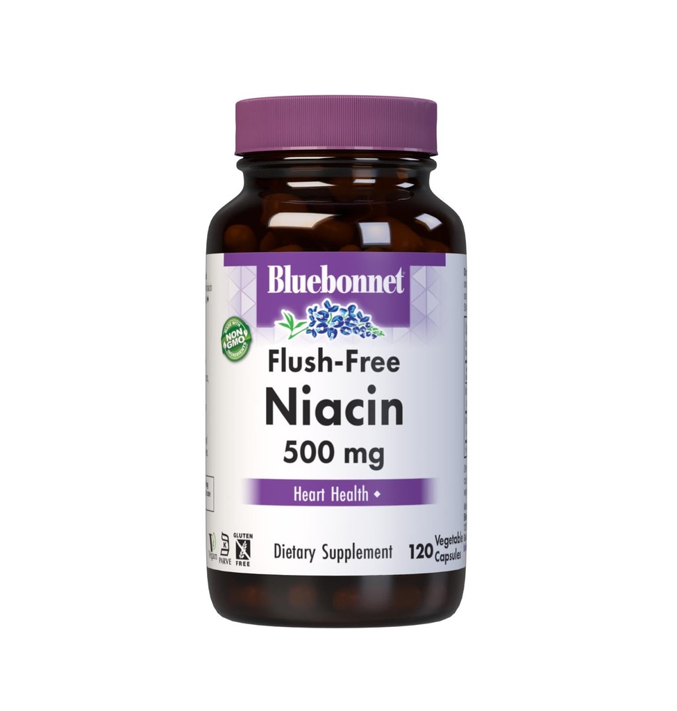 BlueBonnet Nutrition Flush-Free Niacin 500mg, για διατροφική καρδιοαγγειακή υποστήριξη κάψουλες λαχανικών, σόγιας/Dairy/Gluten Free, μη GMO, Kosher Certified, Vegan, White, 120 Count