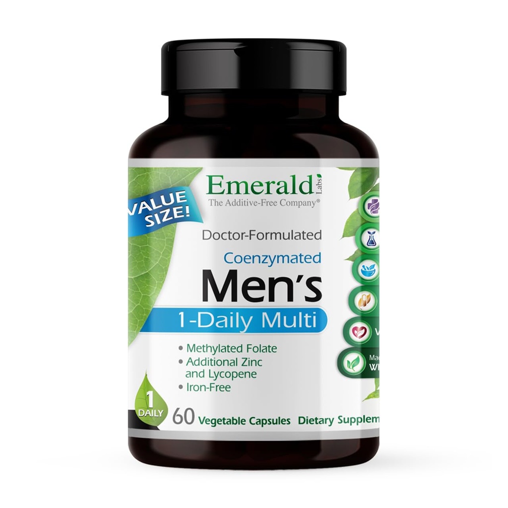 EMERALD LABS Ανδρική 1 Καθημερινή Πολυβιταμίνη Ανδρών - Χωρίς Πρόσθετα - Περιλαμβάνει Λυκοπένιο, Ψευδάργυρο, Βιταμίνη D3, & More - Υποστηρίζει Οστά, Prostate & Vision* - 60 Κάψουλες λαχανικών