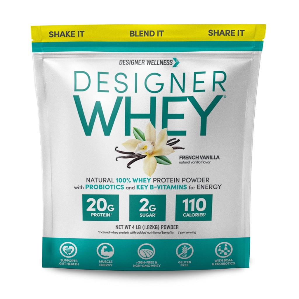 Σχεδιαστής Wellness, Designer Whey, Φυσικό όταν σκόνη πρωτεΐνης με τα προβιοτικά, Fiber, και το κλειδί B-Vitamins για την ενέργεια, Γλουτένη-ελεύθερο, γαλλική βανίλια, 4 lb