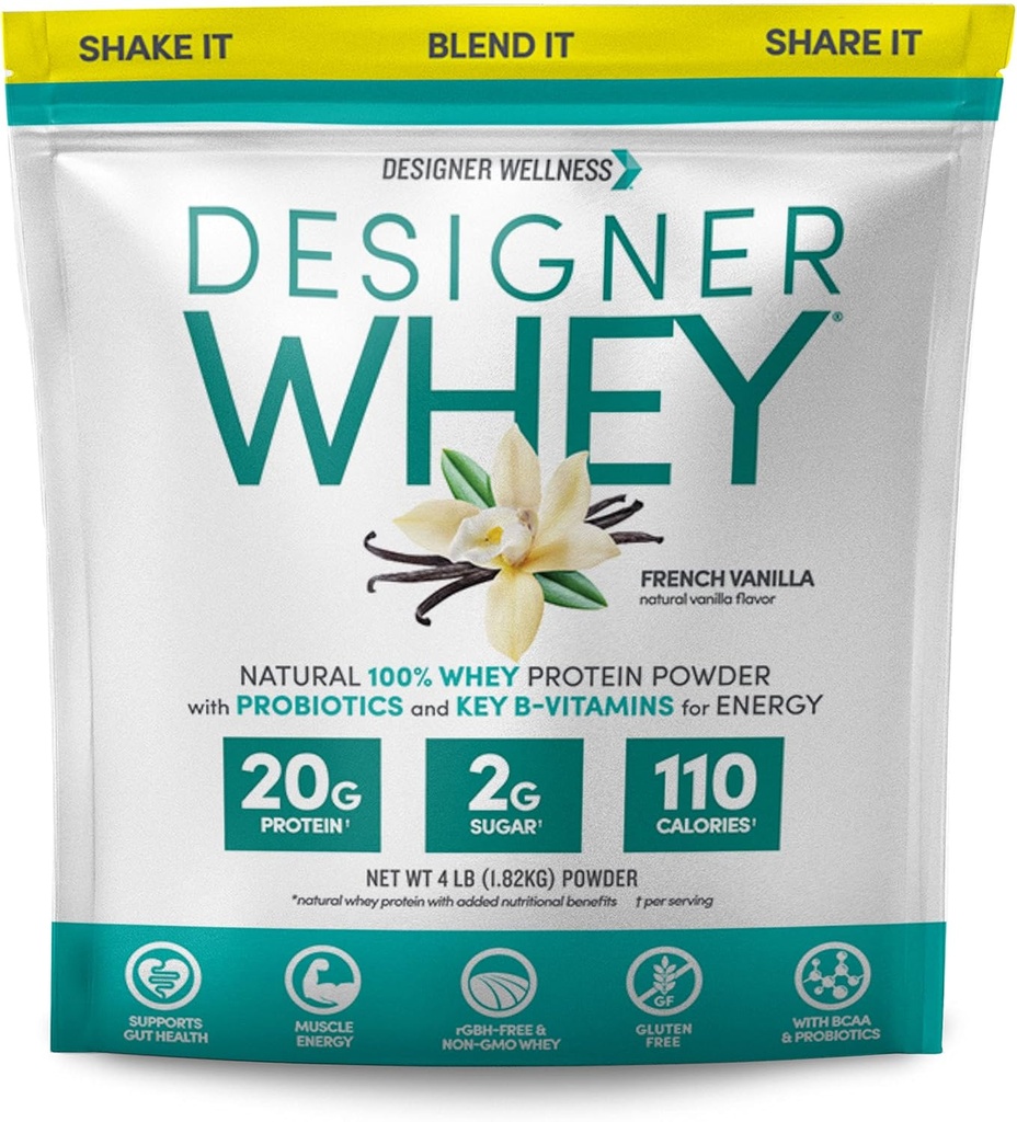 Designer Wellness, Designer Whey, Natural When Protein Powder with Probiotics, Fiber, and Key B-Vitamins for Energy, Gluten-Free, French Vanilla, 4 lb