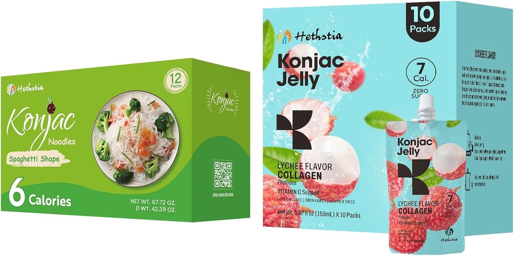 Hethstia Konjac Jelly Lychee Γεύση με Collagen Peptides 10 συσκευασίες και Konjac Spaghetti Χωρίς γλουτένη 12 συσκευασίες Χαμηλή θερμίδα, Keto, Χωρίς ζάχαρη, Υγιεινή τροφή