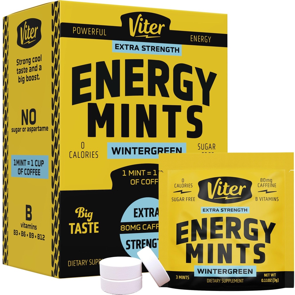 Viter Energy Caffeine Mints 80mg Extra Strength - 90 Τεμάχια Καφεϊνωμένα με βιταμίνες Β. Ενεργοποίηση Nootropic Focus Booster για γρήγορη εγρήγορση (Wintergreen Flavor, 30 Pack)