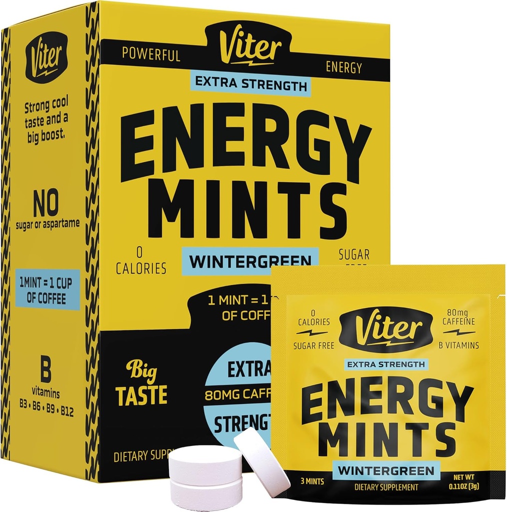 Viter Energy Caffeine Mints 80mg Extra Strength - 90 Τεμάχια Καφεϊνωμένα με βιταμίνες Β. Ενεργοποίηση Nootropic Focus Booster για γρήγορη εγρήγορση (Wintergreen Flavor, 30 Pack)