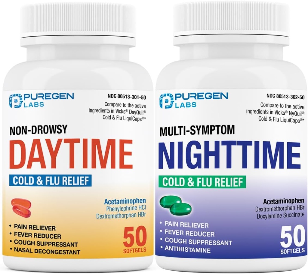 Puregen Labs Daytime and Nighttime Combo Pack, Ψυχρό και Flu Relief Medicine 