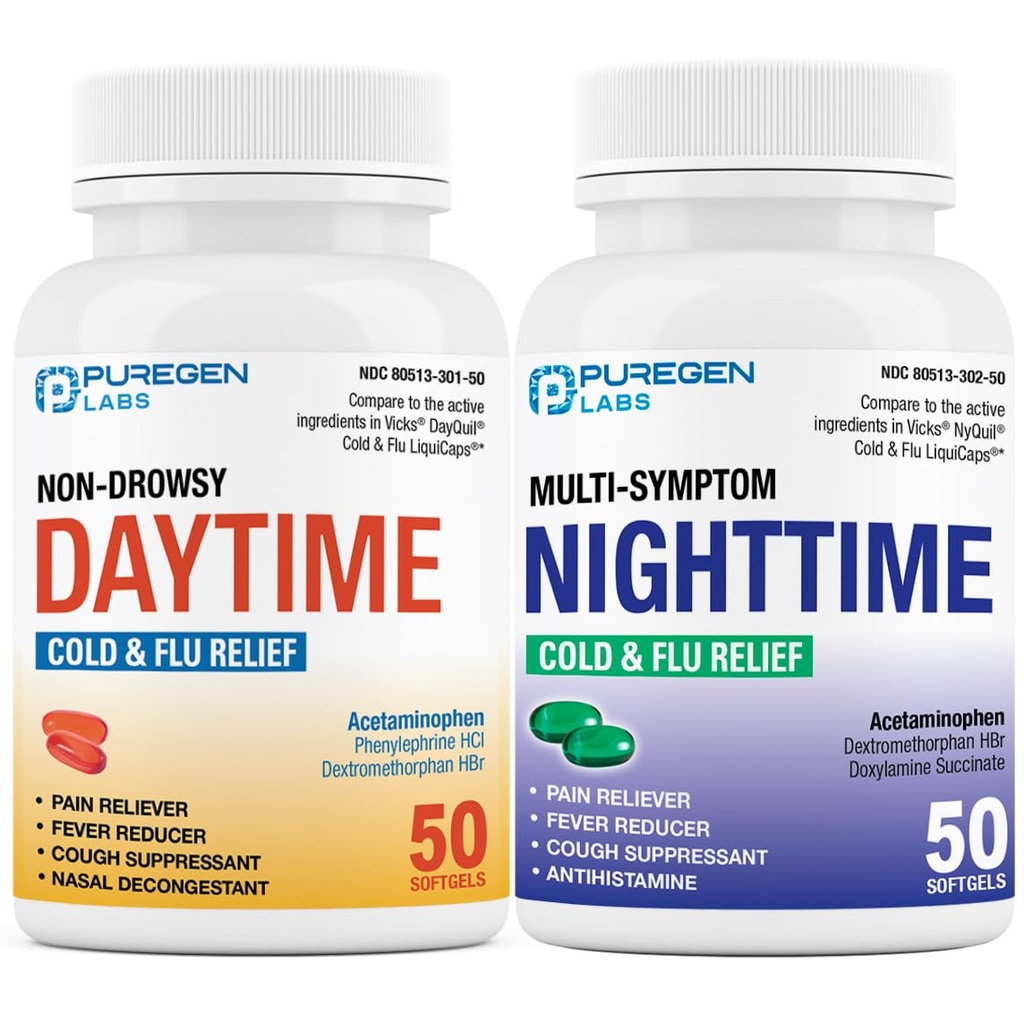 Puregen Labs Daytime and Nighttime Combo Pack, Cold and Flu Relief Medicine | Powerful Multi-Symptom Daytime and Nighttime Relief for Headache, Fever, Sore Throat, Cough, Congestion and Aches