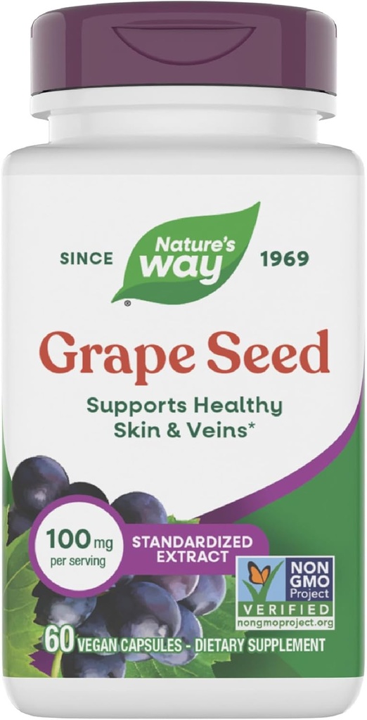 Nature's Way Grape Seed Standardized Extract, Supports Healthy Skin and Veins*, Antioxidant Support*, Non-GMO Project Verified, 60 Vegan Capsules (Packaging May Vary)
