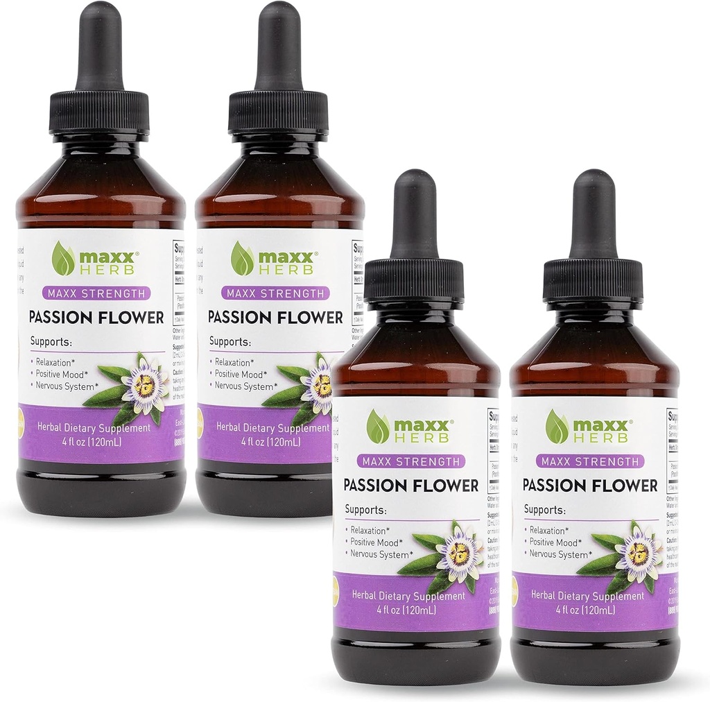 Maxx Herb Passion Flower Extract - Max Strength Passion-Flower Liquid Absorbs Better than Capsules, for Relaxation and Stress Relief, Alcohol-Free - 4 Μπουκάλια, 4 Oz Κάθε (240 Servings)