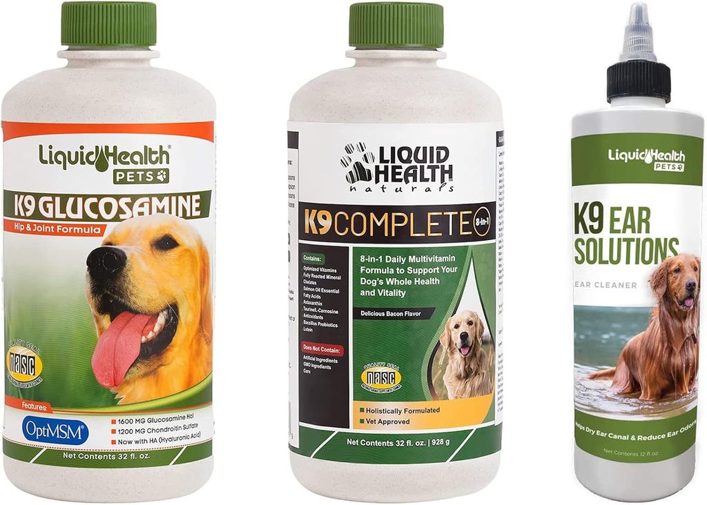 LIQUIDHEALTH Κατοικίδια ζώα K9 Glucosamine Hip & Joint Formula, K9 Ear Wash Cleaning Solution, & K9 Complete 8-in-1 Dog Multivitamin - Pet Vitamin Bundle για κοινή υγεία, κινητικότητα, ανοσοποιητική υποστήριξη - Made in USA
