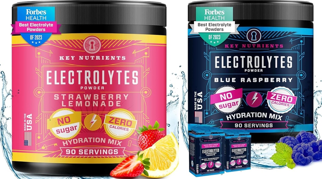 ΚΥΡΙΑ ΦΥΤΑ Ηλεκτρόλυτα Σκόνη Ultimate Hydration & Wellness Bundle - Juicy φράουλα Λεμονάδα & Sweet Blue Βατόμουρο Ηλεκτρολύτες Σκόνες - Zero Sugar, Keto-Friendly, 90 εξυπηρετεί το καθένα