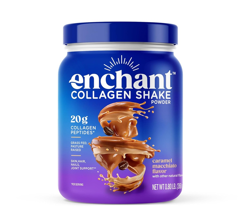 Enchant Collagen Protein powder, Caramel Macchiato flavor – 20g Grass Fed Collagen Peptides, Avocado Oil Creamer, source of Omega 9 + Fiber, for Joints, Muscle, Skin, Hair support, 0.80 lb