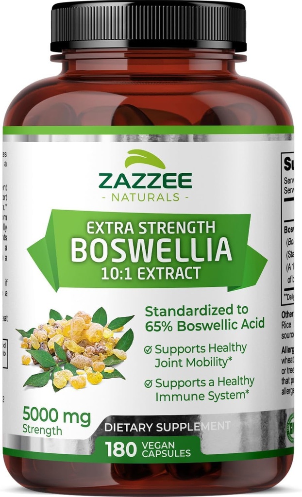 Zazzee Extra Strength Boswellia Serrata 10:1 Extract, 5000 mg Δύναμη, 65% Boswellic Acid, 180 Vegan Κάψουλες, 6 Μήνες Προσφορά, Τυποποιημένη 10X Υψηλή ισχύς, 100% Χορτοφαγικά, Όλα-Φυσικά, Μη-ΓΤΟ