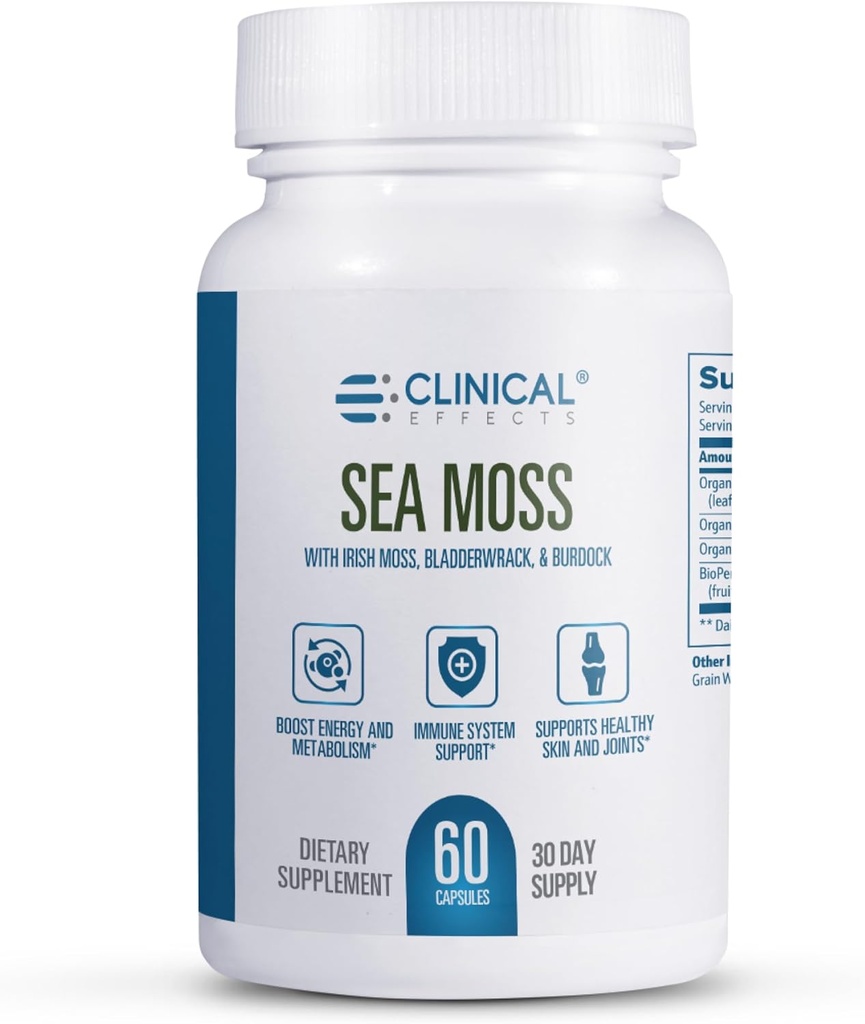 Clinical Effects Sea Moss - Organic Irish Sea Moss Caps με Bladderwrack, Burdock Root και Bioperine για Thyroid, Heart Health, Weight Management and Energy Support - 60ct - Κατασκευασμένη στις ΗΠΑ