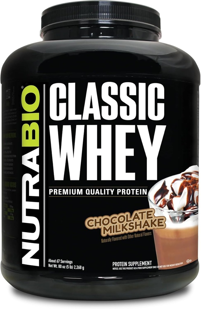 NutraBio Classic Whey Protein Powder- Full-Spectrum Amino Acid Profile - Χωρίς πληρωτικά, τεχνητά χρώματα, συντηρητικά - Χαμηλός γλυκαιμικός δείκτης - μιλκσέικ σοκολάτας, 5 λίρες