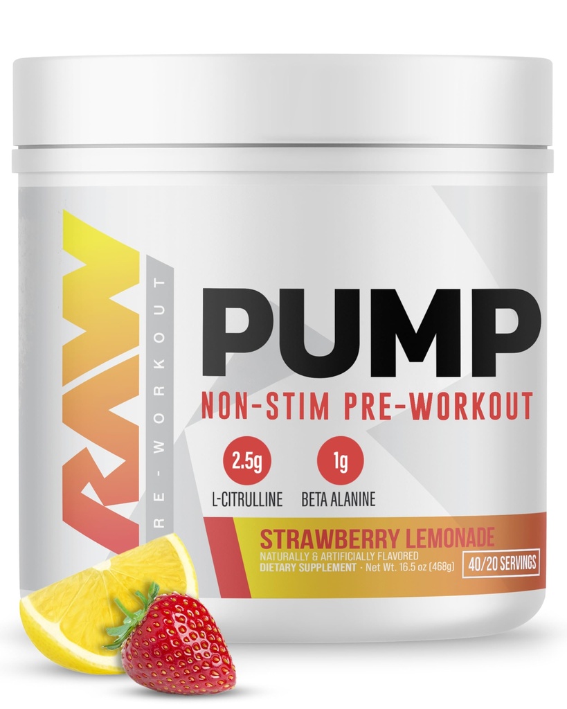 RAW Pump Stim Free Pre Workout (Strawberry Lemonade) - Non-Stimulant Pre Workout Supplement Powder Nitric Oxide Booster - Pre Workout Supplements Drink for During Workout - 40 Servings