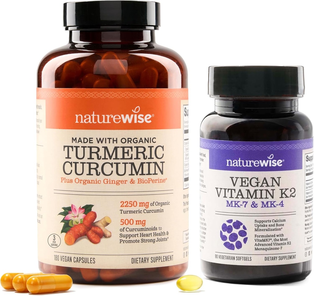NatureWise Κουρκουμίνη Turmeric 2250mg με BioPerine & Vegan Βιταμίνη K2 MK-7 100mcg και MK4 500mcg - 180 Count & 90 Softgels