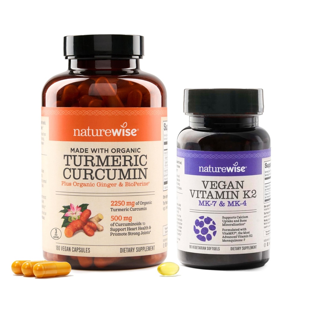 NatureWise Κουρκουμίνη Turmeric 2250mg με BioPerine & Vegan Βιταμίνη K2 MK-7 100mcg και MK4 500mcg - 180 Count & 90 Softgels