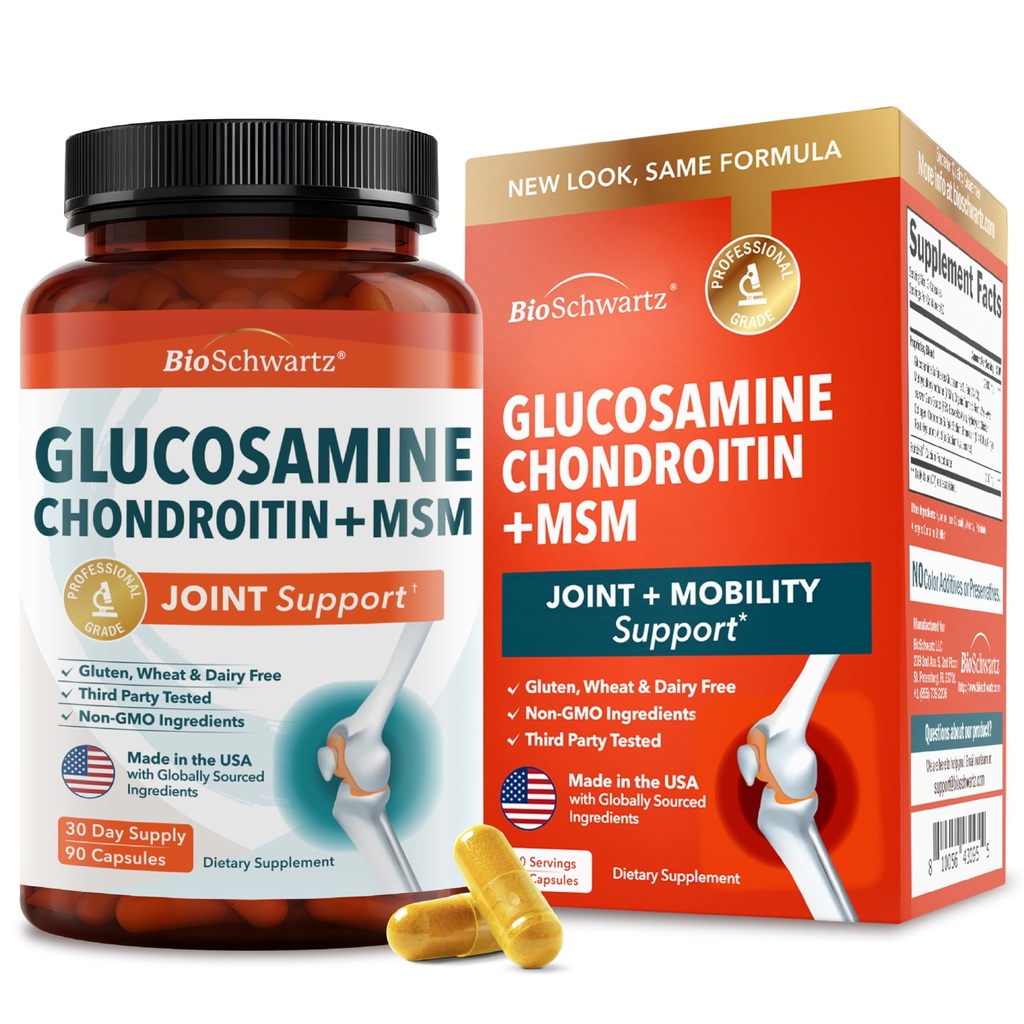 Glucosamine Chondroitin MSM Joint Support Supplement - Collagen Peptides, Turmeric and Ginger, Hyaluronic Acid, Glucosamine Chondroitin Sulfate for Joint Comfort - Gluten Free, Non GMO, 90 Capsules