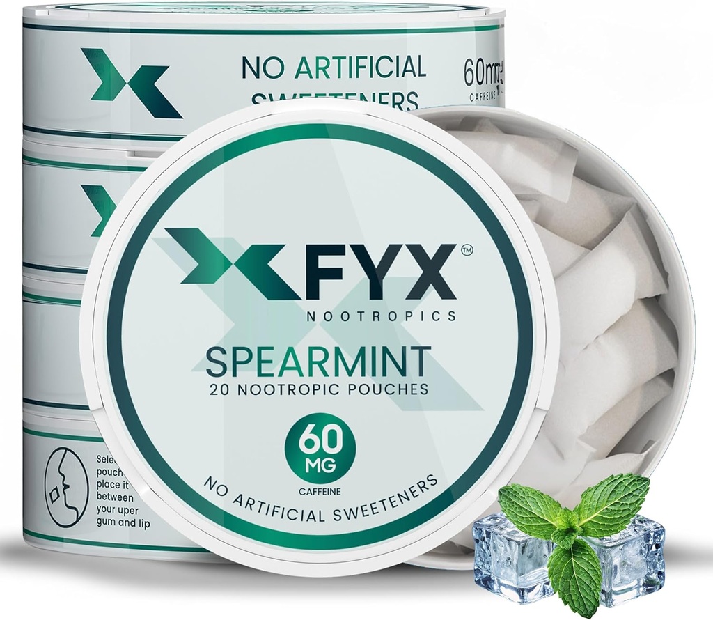FYX Caffeine Nootropic Pouches – Καθαρή Ενέργεια & Εστίαση με Alpha-GPC, L-Tyrosine & L-Theanine – 60mg Caffeine Pouches – Χωρίς ζάχαρη Alpha Nootropic Pouches – 5-Pack (5 Count, Spearmint)