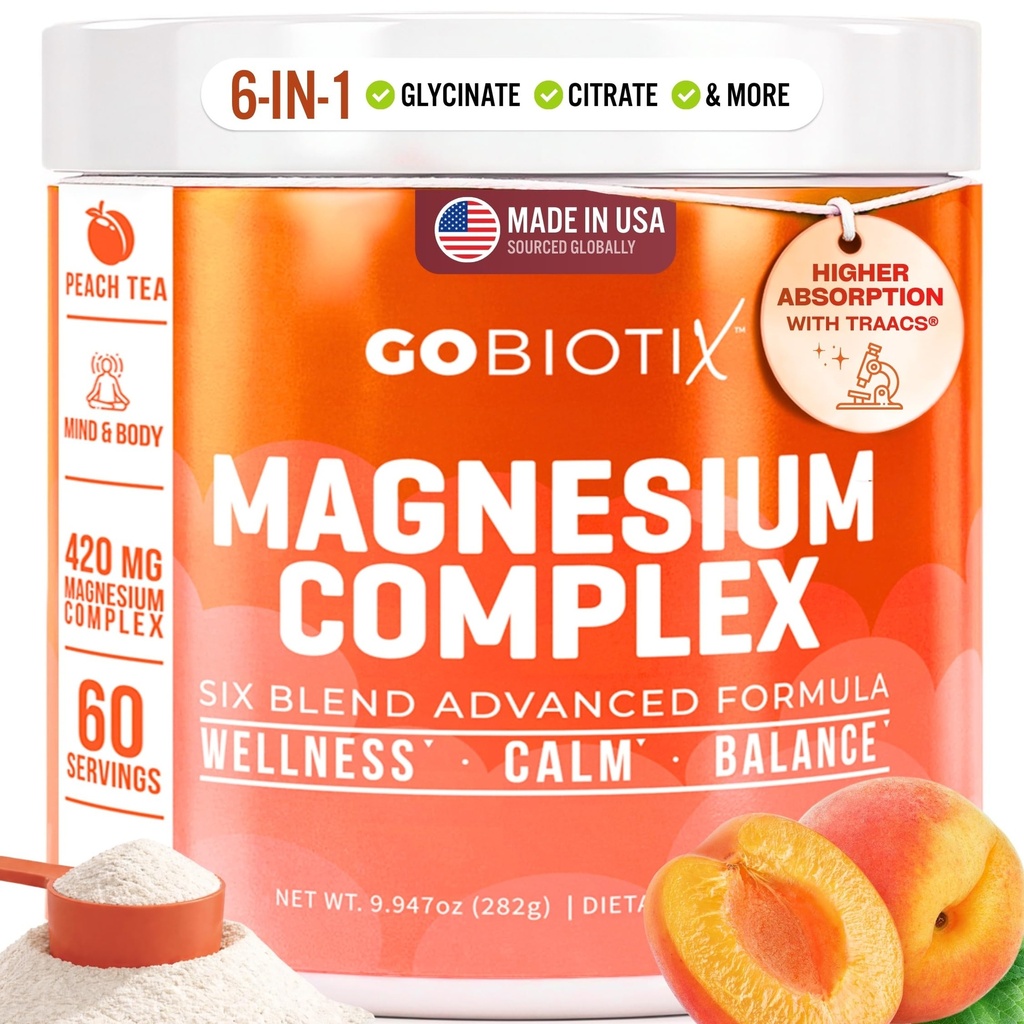 GoBiotix Μαγνήσιο Γλυκινικό Σκόνη – Κορτιζόλη Συμπληρώματα για γυναίκες και άνδρες – Υψηλής Απορρόφησης Μαγνήσιο Σύμπλεγμα Συμπλήρωμα ηρεμίας με Κιτρικό, Μηλεϊνό – Χωρίς ζάχαρη – 420 mg, 60 Σερβιέτες - Τσάι Peachάκινο