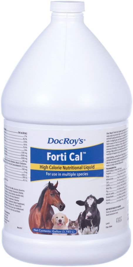 Doc Roy's Forti Cal Liquid, High Calorie Energy Supplement for Dogs, Cats, Horses, Livestock, Supports Weight Gain, Recovery, Hydration, with Omega 3 6 9, Vitamins A D3 E C, Made in USA, 1 Gallon