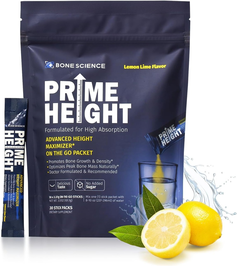 BONE SCIENCE - Prime Height Mutivitamin Powder - Ύψος Ανάπτυξη ποτό Mix για παιδιά & εφήβους, οστά & ανοσοποιητική υποστήριξη, ζάχαρη-ελεύθερο άρωμα λεμόνι, 30 ραβδιά
