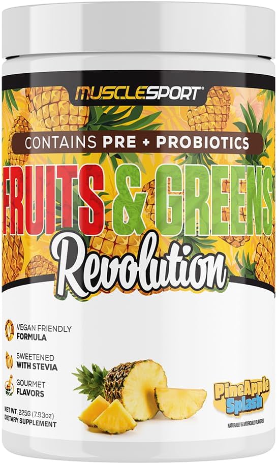 Musclesport Fruits & Greens - Fruit, Vegetable and Antioxidant Supplement, Including Wheat Grass and Spirulina, Added Fiber and Probiotics - 30 Servings (Pineapple Splash)