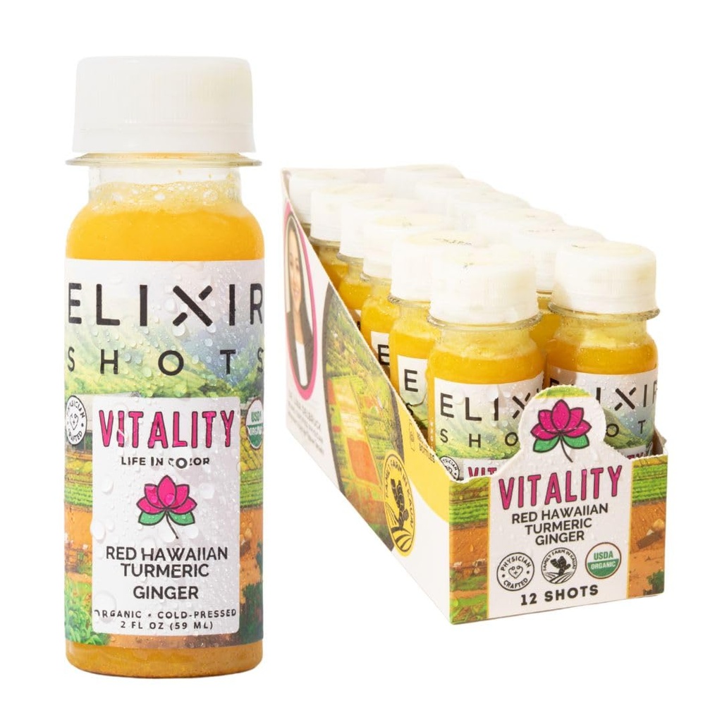 Elixir Shots, Vitality Immunity Wellness Shot με 100% οργανικά συστατικά, Cold-Pressed Red Hawaiian Turmeric, Περουβιανό τζίντζερ, ανανάς και μαύρο πιπέρι, χωρίς ζάχαρη ή τεχνητές πρόσθετες ύλες, 12 συσκευασία