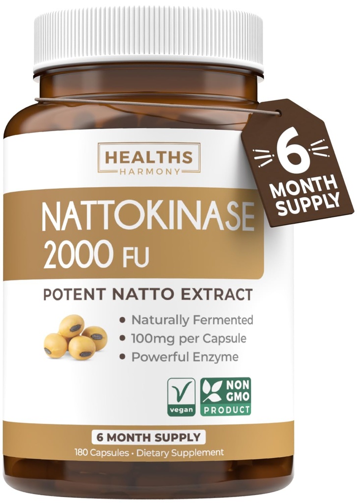 Healths Harmony Nattokinase 2000 FU (Non-GMO) Powerful Nattokinase Supplement Made from Naturally Fermented Soybeans - (6 Month Supply) 180 Vegan Natto Capsules