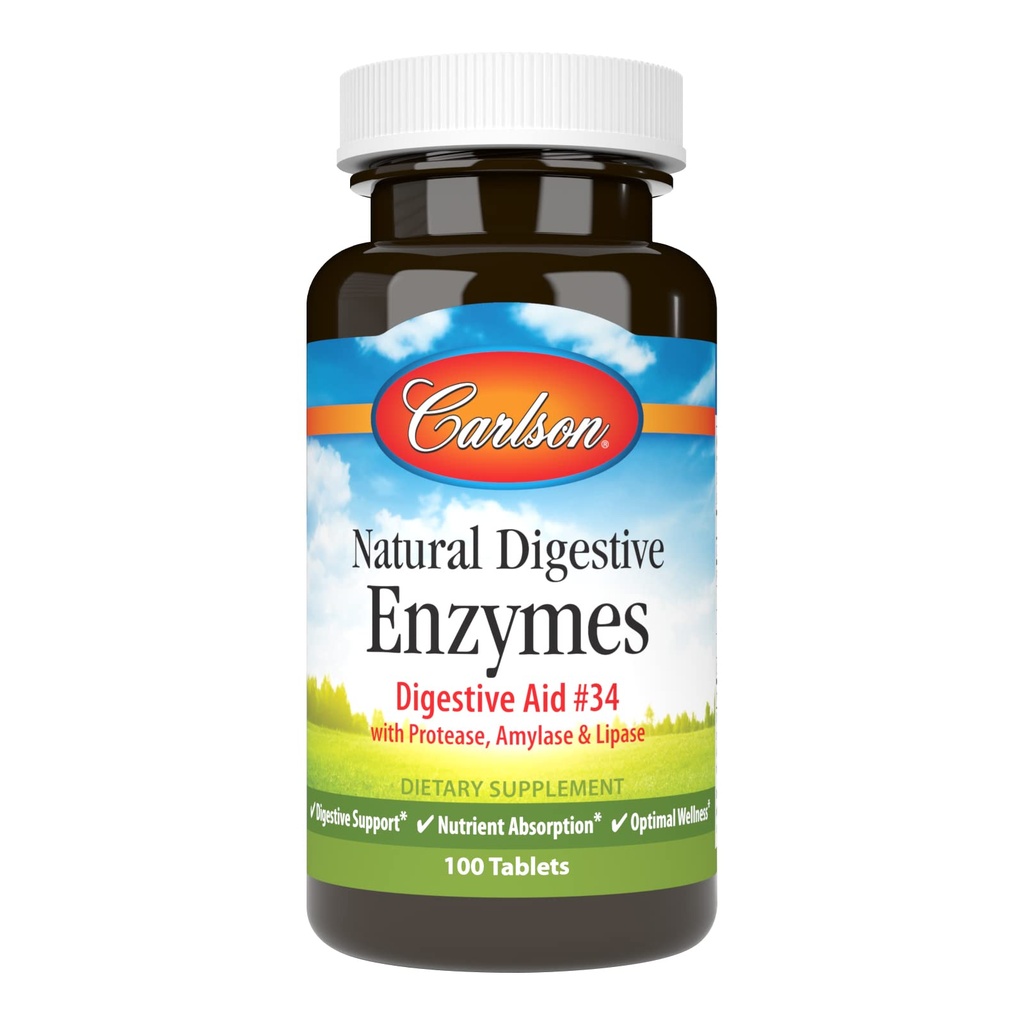 Carlson - Φυσικό Digestive Ένζυμα, Digestive Aid # 34 με Protease, Amylase & Lipase, Digestive Υποστήριξη, Απορρόφηση & Βέλτιστη Ευεξία, 100 δισκία