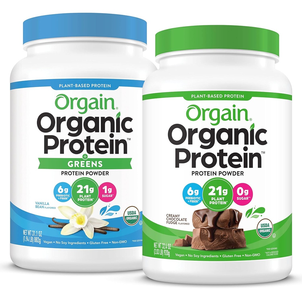 Orgain Organic Vegan Protein Powder + Greens, Vanilla Bean - 21g Πρωτεΐνη με βάση το φυτό, Χωρίς γλουτένη, Χωρίς λακτόζη, Χωρίς σόγια, Χωρίς ζάχαρη Προστέθηκε, Με Σιδήρου & Πρεβιοτικών για την Υγεία των Ούλων - 1.94lb 