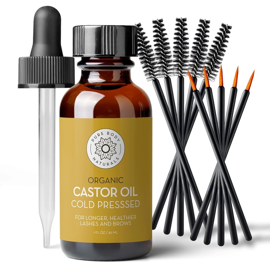 Pure Body Naturals Castor Oil for Eyelashes and Eyebrows - 1 Fl Oz Nourishing Brow & Lash Growth Serum - Βιολογικό, Hexane Free, Ψυχρό πιεσμένο, Unrefined - Βλεφαρίδες και Ορός ανάπτυξης των ματιών για τις γυναίκες