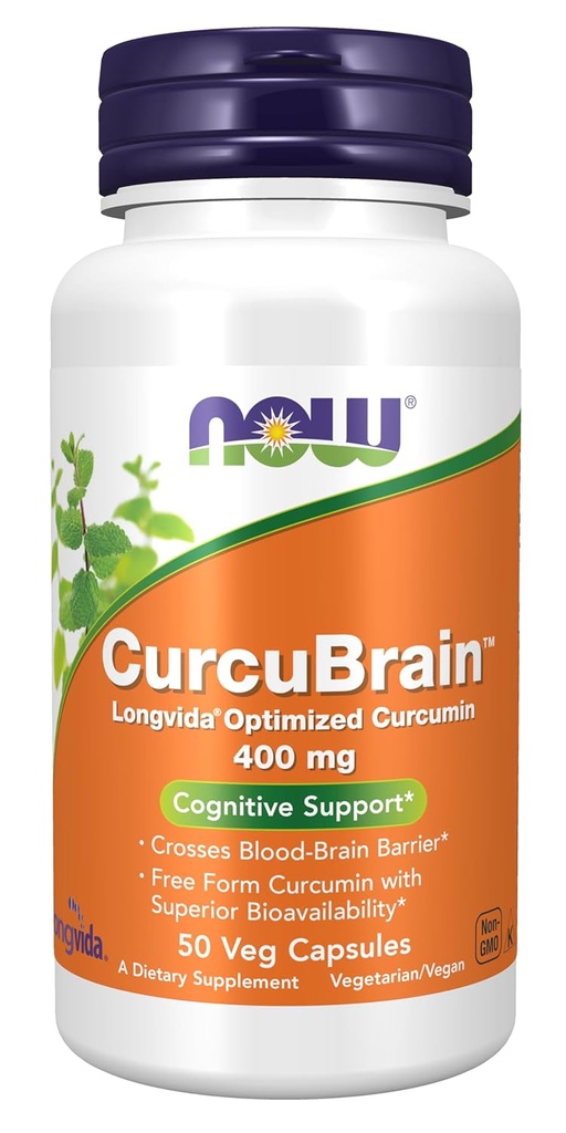 NOW Συμπληρώματα, CurcuBrainTM 400 mg με Longvida® Βελτιστοποιημένη Κουρκουμίνη, 50 κάψουλες Veg