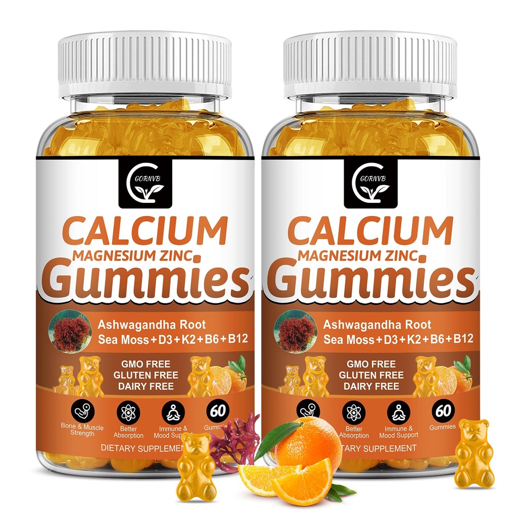1200mg Ασβέστιο Gummies με βιταμίνη D3,K2,B12 & B6 - Συμπλέγματος ασβεστίου φυτών συμπλήρωμα με γλυκινικό,Potassium,Sea Moss,Ashwagandha Root για τη δύναμη των οστών και των δοντιών, μυών & ανοσοποιητικών-2 Συσκευασία