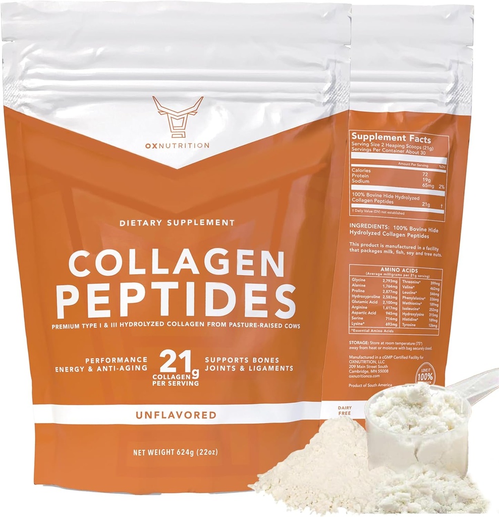OX Collagen Powder for Women Men (22oz) Τύπος I & III Άγευστη & Άοσμη Εύκολη Mix Υδρολυμένη Πεπιτανική πρωτεΐνη Πεπτίδες Κοινή Δέρμα μαλλιών & Nail Υποστήριξη Γλουτένη-ελεύθερος από GMO Keto Παλαιό χόρτο Kosher