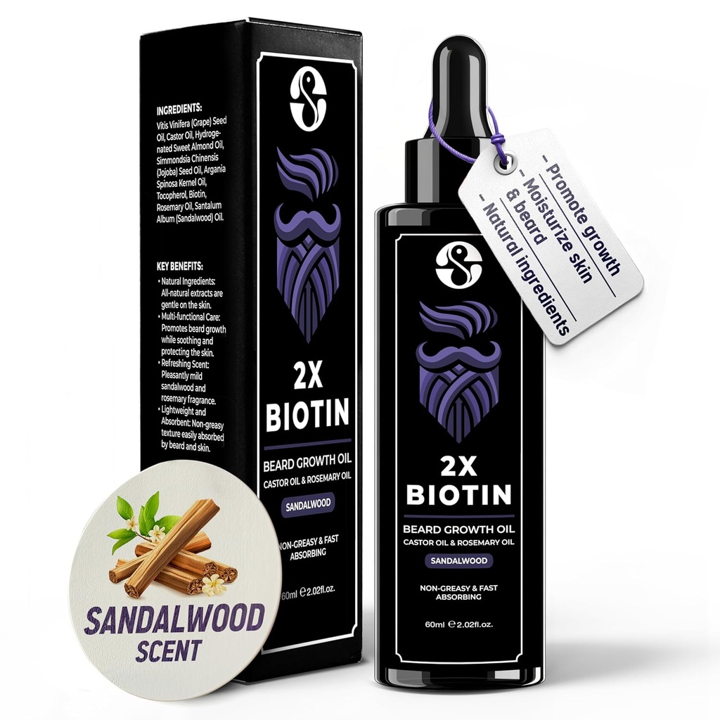 Βιοτίνη Συγκέντρωση Beard Thickener & Αποσκληρυντής - 2oz με Castor Oil, Δενδρολίβανο Oil, και Βιταμίνες - Sandalwood Slead for Men
