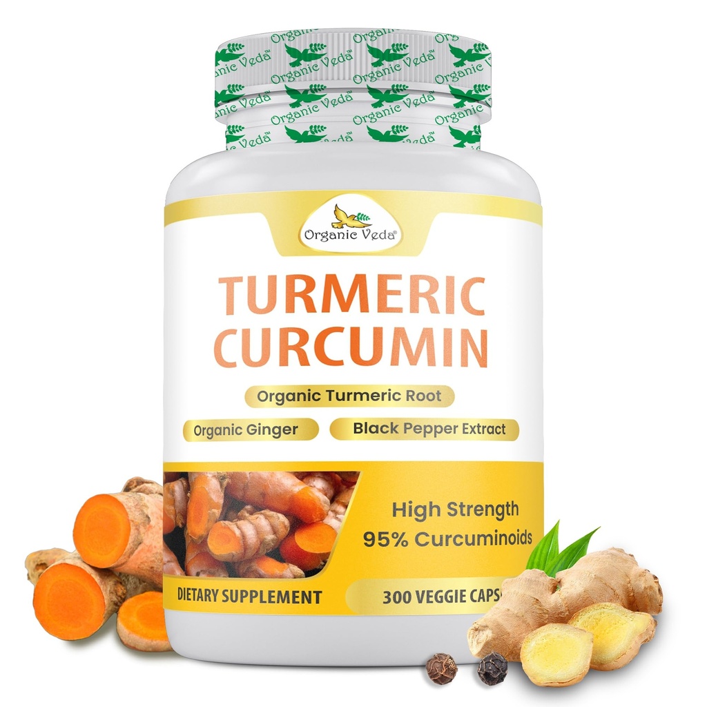 Βιολογικό Veda Turmeric και Ginger Κάψουλες 300 Χάπια - Βιολογικό Turmeric Κουρκουμίνη με Μαύρο Πιπέρι για Κοινή Υποστήριξη - Μη ΓΤΟ, Χωρίς Γλουτένη, Turmeric και Ginger Συμπλήρωμα (95% κουρκουμινοειδή)